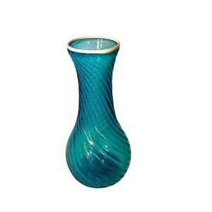 Vintage Hand Blown Optic Swirl Blue Empoli Glass Vase With White Rim Beautiful!